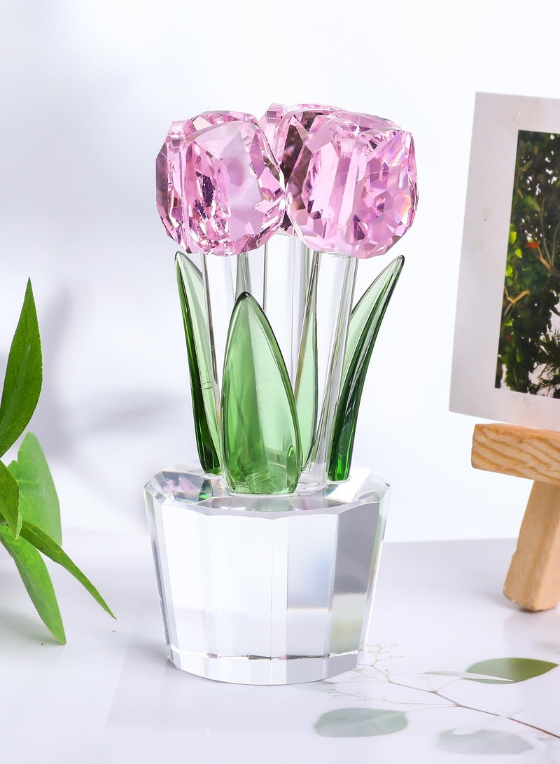 SYOSI Pink Crystal Tulips Flower Figurines  with Vase Glass Flower Bouquet Collectible Figurines Office Home Decor Ornaments Tulip Gifts for Girl Mom Bestfriend Valentines Wedding Anniversary - Image 4