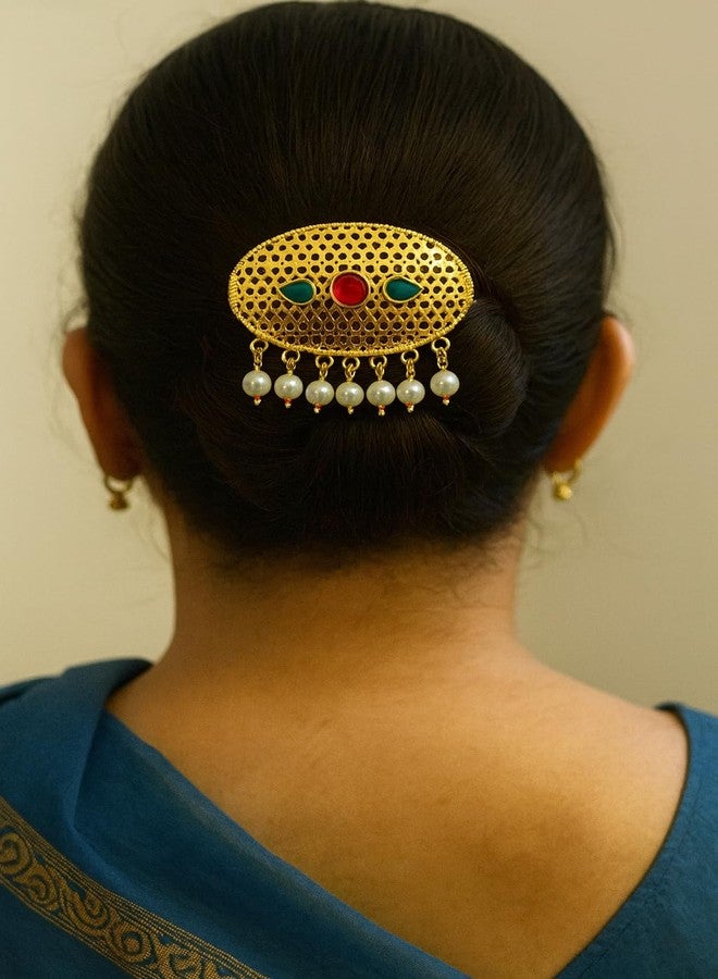 SMARNN Traditional Gold Plated Juda Pin for Women | Hair Bun Accessory with Red & Green Stones | Ethnic Indian Hair Jewelry for Wedding (Color_2) - Image 2