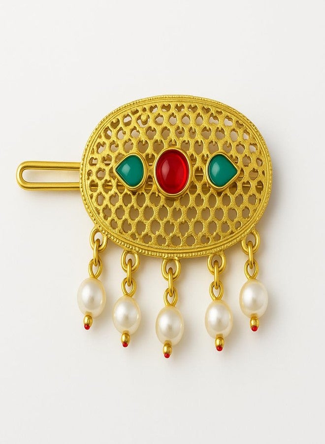 SMARNN Traditional Gold Plated Juda Pin for Women | Hair Bun Accessory with Red & Green Stones | Ethnic Indian Hair Jewelry for Wedding (Color_2) - Image 3