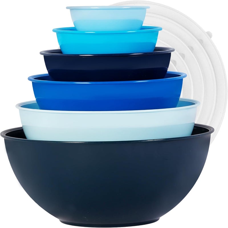 BoxedHome Mixing Bowl Set with Lid, Mixing Bowls, 12-Pack Mixing Bowl Set, Plastic Salad Bowl Non-Slip Stackable Serving Bowls for Kitchen (6 Bowls and 6 Lids, Mixed Blue) - Image 1