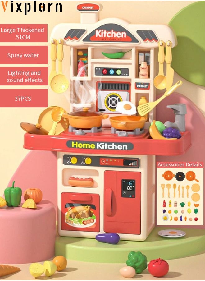 Vixplorn Children's play house kitchen toy set, simulation spray kitchenware, with lights, with 31 accessories + simulation kitchen*1  - Image 1