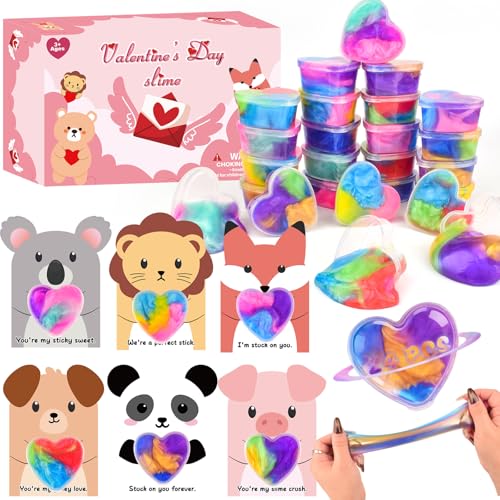 WUJYLY Valentines Day Slime 24 Pack Mini Heart Galaxy Slime Cups with Valentine Cards Individual Gift Bags Classroom Exchange Gifts for Kids Party Favors Goodie Bag Fillers Stress Relief Fidget Toys - Image 1