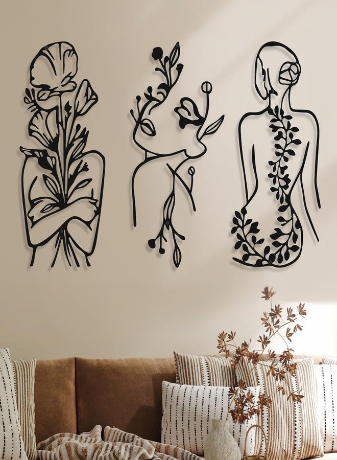 Photect 3 Pcs Metal Wall Art Decor Minimalist Abstract Woman Wall Art Metal Modern Line Drawing Decor Female Single Line Home Hanging for Bedroom Bathroom Living Room Housewarming(Plant,Black) - Image 1