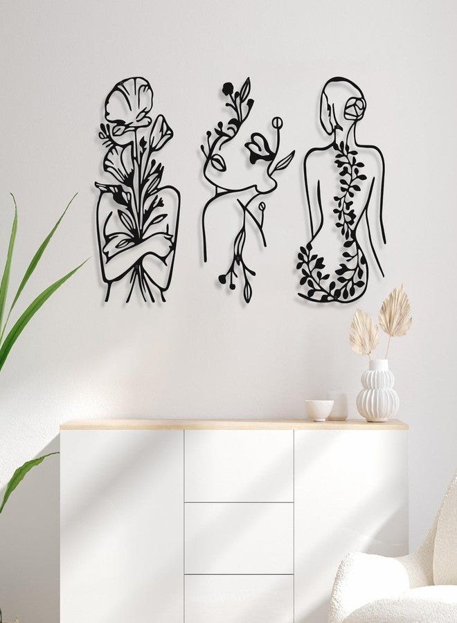 Photect 3 Pcs Metal Wall Art Decor Minimalist Abstract Woman Wall Art Metal Modern Line Drawing Decor Female Single Line Home Hanging for Bedroom Bathroom Living Room Housewarming(Plant,Black) - Image 2