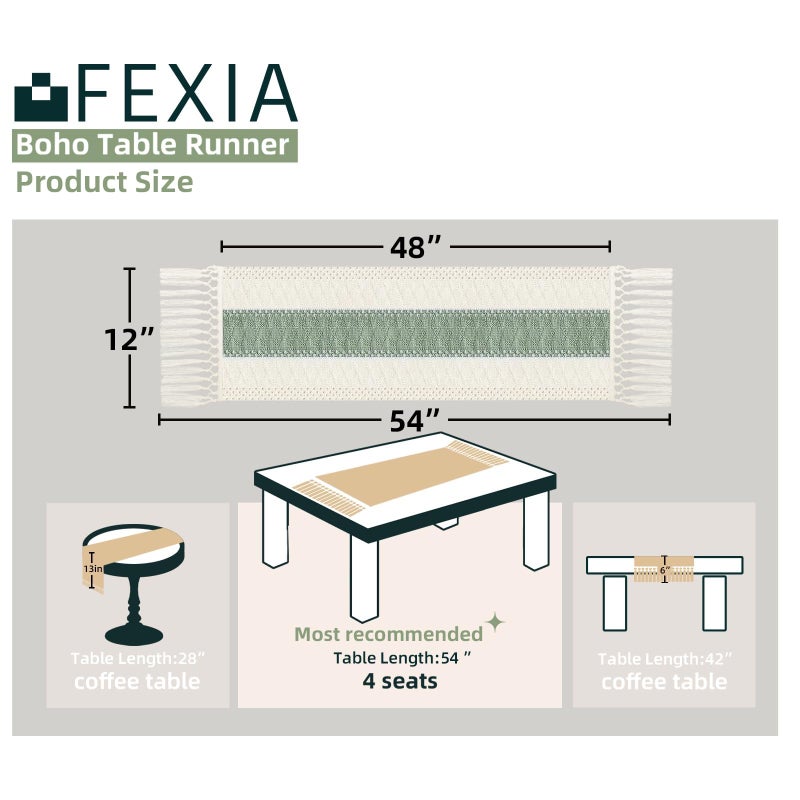 FEXIA Sage Green Table Runner 48 Inches Long with Tassels Boho Macrame Farmhouse Table Runners for Home Decor Party Bohemian Rustic Bridal Shower Dining Decorations (12x48 Inches) - Image 2