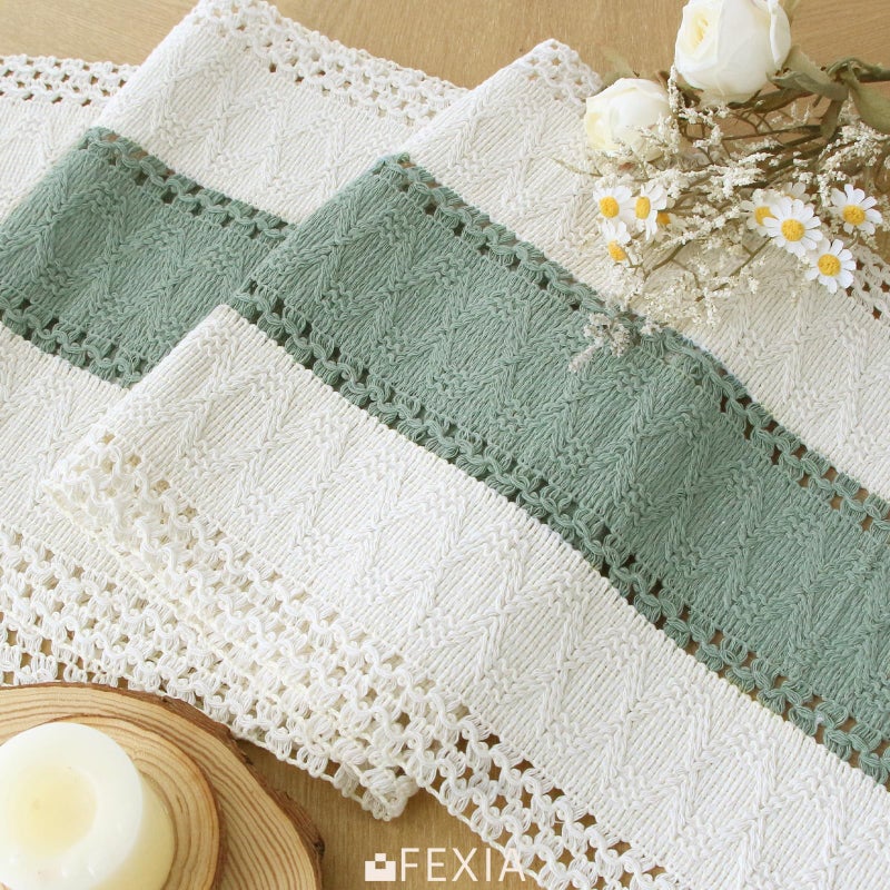 FEXIA Sage Green Table Runner 48 Inches Long with Tassels Boho Macrame Farmhouse Table Runners for Home Decor Party Bohemian Rustic Bridal Shower Dining Decorations (12x48 Inches) - Image 3