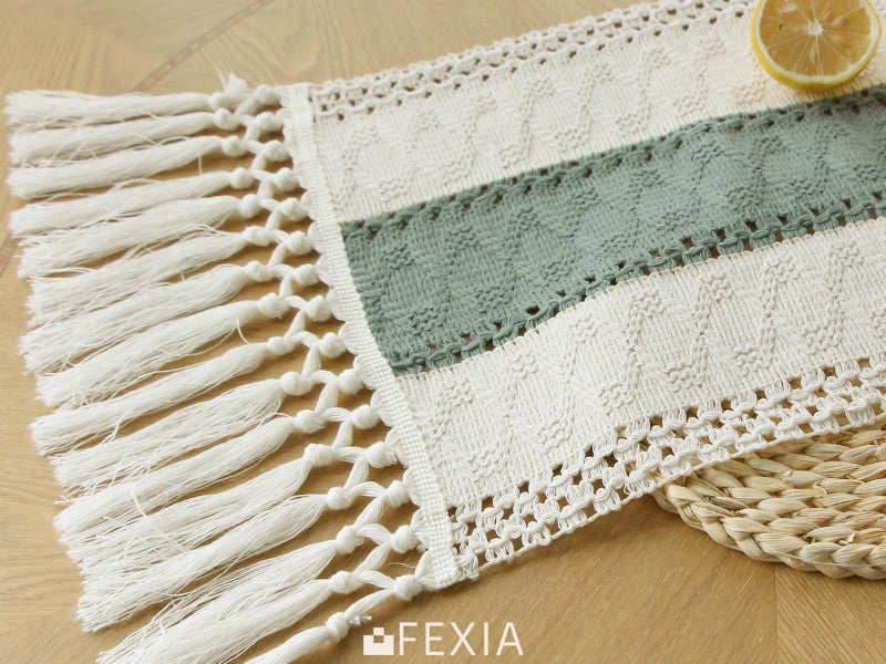 FEXIA Sage Green Table Runner 48 Inches Long with Tassels Boho Macrame Farmhouse Table Runners for Home Decor Party Bohemian Rustic Bridal Shower Dining Decorations (12x48 Inches) - Image 4