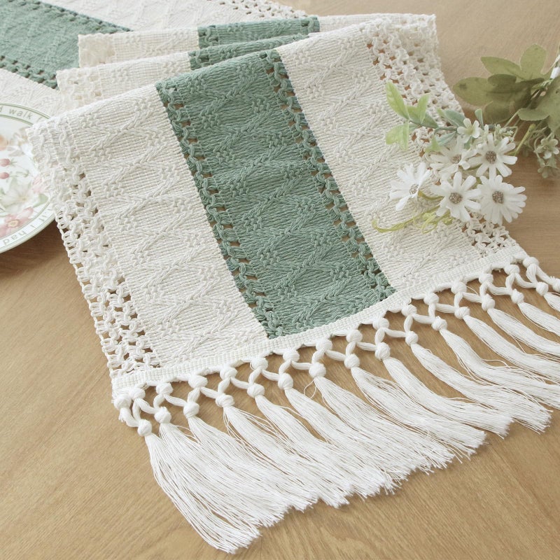 FEXIA Sage Green Table Runner 48 Inches Long with Tassels Boho Macrame Farmhouse Table Runners for Home Decor Party Bohemian Rustic Bridal Shower Dining Decorations (12x48 Inches) - Image 1