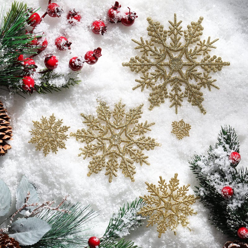 Hestya 50 قطعة زينة ثلجية بلاستيكية لامعة لعيد الميلاد على شكل نجمة ثلجية للتعليق للحفلات الشتوية وزينة شجرة عيد الميلاد بأحجام متنوعة (1 2 3 4 5 6 بوصات) (لامع ذهبي) - Image 3
