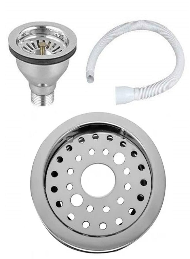 Swastik Three Piece Combo Offer Stainless Steel Kitchen Sink Waste Coupling 4" with PVC Long Socket Drain Pipe & Stainless Steel Drain Cover with Hole - Image 1