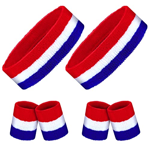 Hungdao 6 Pieces Sweatband Set Sports Headband Wristband Set Head Band Wristbands Sweat Bands for Baseball Soccer RunningRedWhiteBlue - Image 1