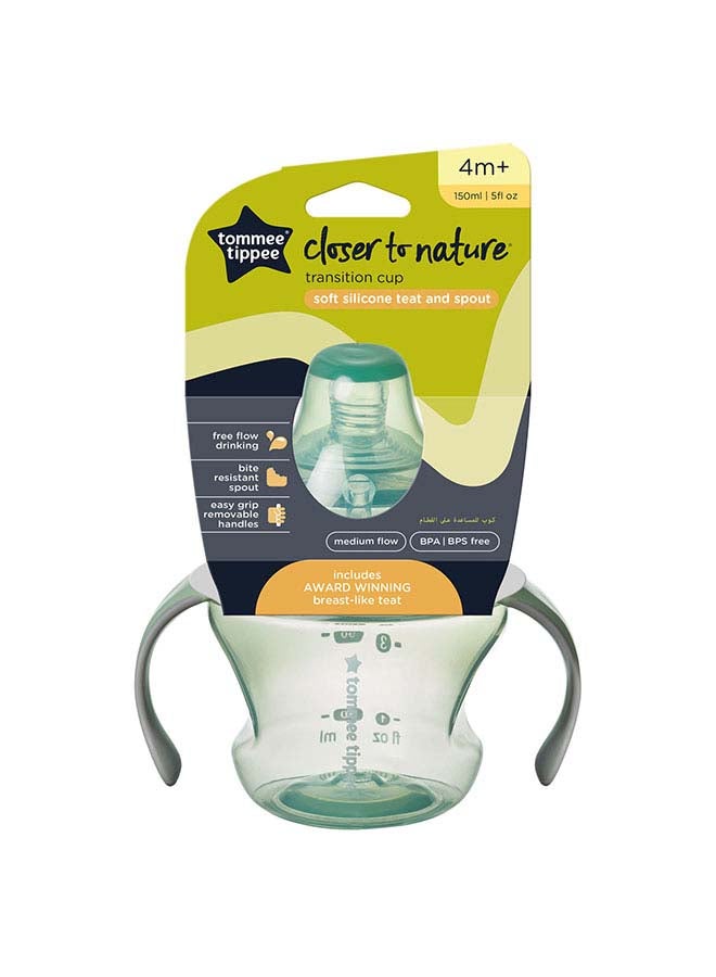 Tommee Tippee Transition Cup, Breast-Like Teat and Soft Silicone Spout, Removable Easy-Grip Handles, Leakproof Lid, 150ml, 4-7m+, Colours Vary - Image 1