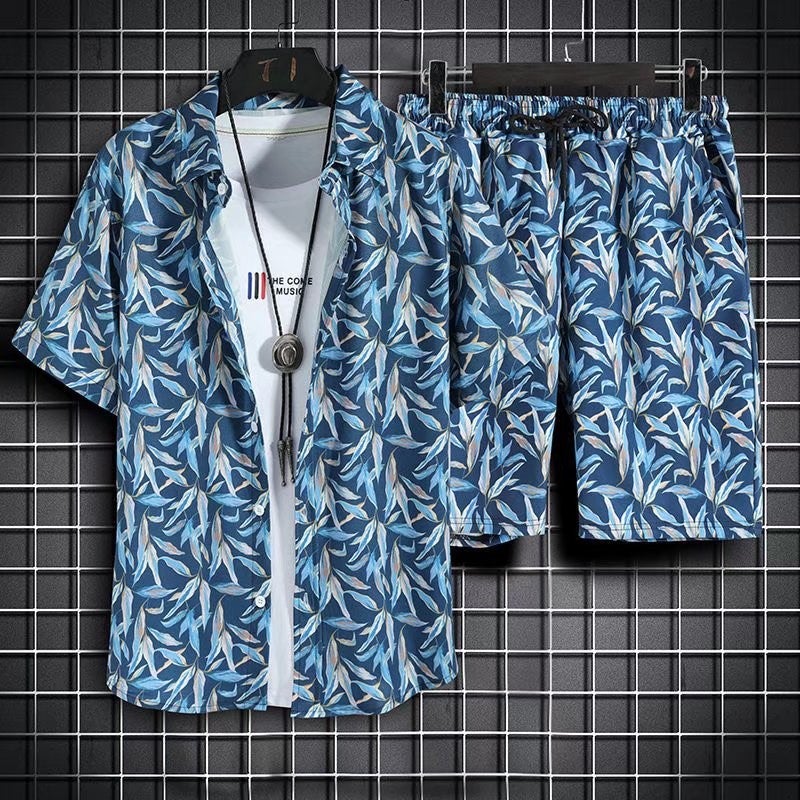 Generic Hawaii Beach suit Mens and Womens Personalized Printed Short-sleeved Shirt Seaside Casual Vacation Shorts Shirt Floral Print Mens T3022 suit# Blue 