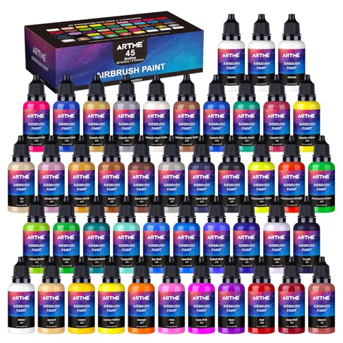 ARTME Airbrush Paint, ARTME 42 Colors with 3 Thinner, Ready to Spray, Opaque & Water Based Acrylic Airbrush Paint Set Including Metallic & Neon Colors, Premium Air brush Paints for Metal, Models, Plastic, Canvas, and Wood - Image 1