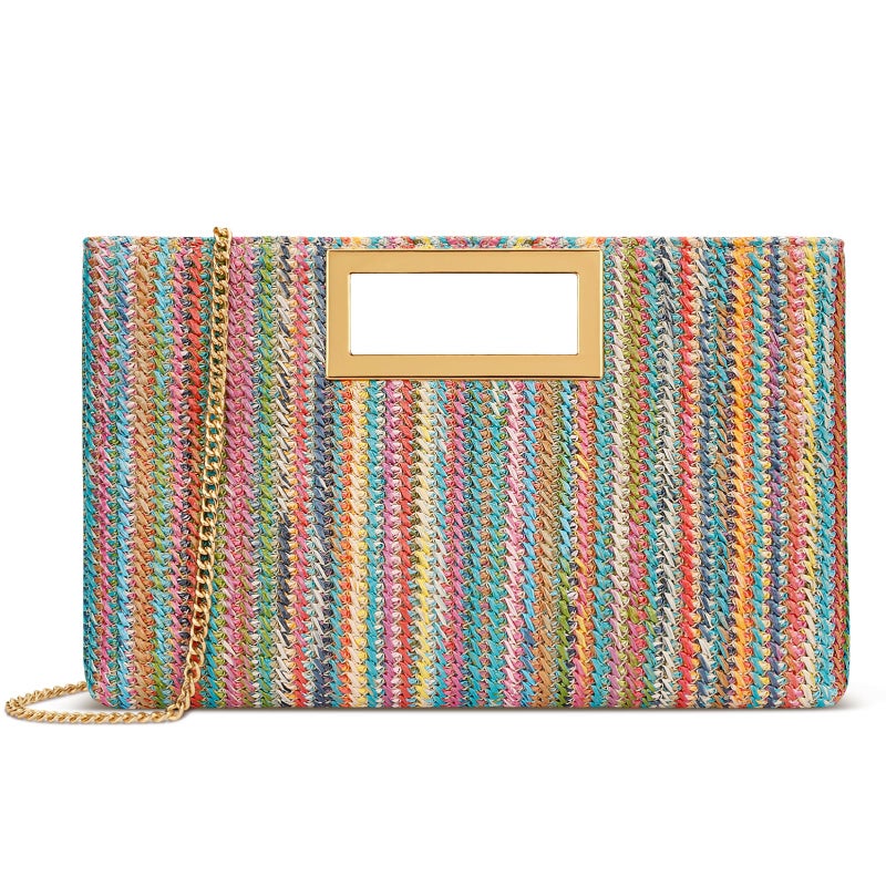 KKXIU Straw Clutch Purse for Women Summer Evening Handbag Beach Shoulder Bag with Gold Chain (A-Colorful) - Image 1