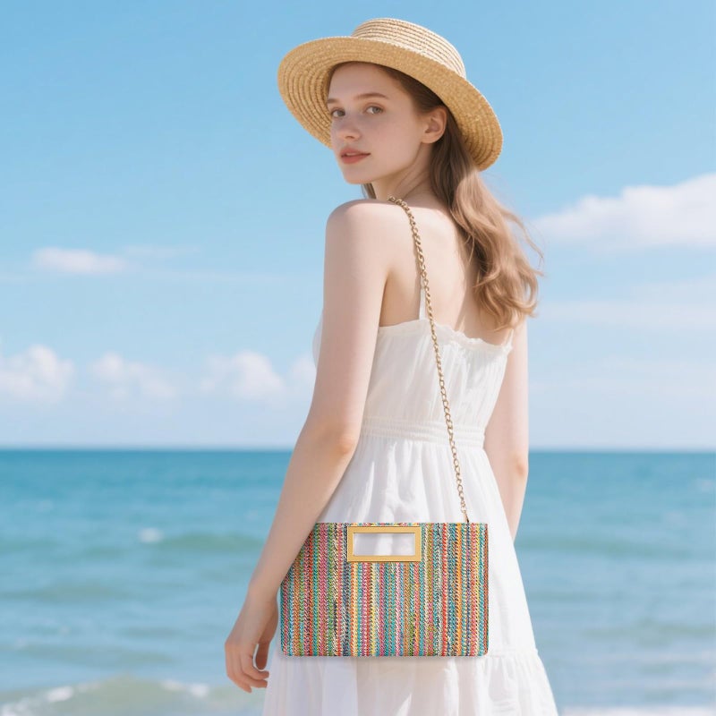 KKXIU Straw Clutch Purse for Women Summer Evening Handbag Beach Shoulder Bag with Gold Chain (A-Colorful) - Image 3