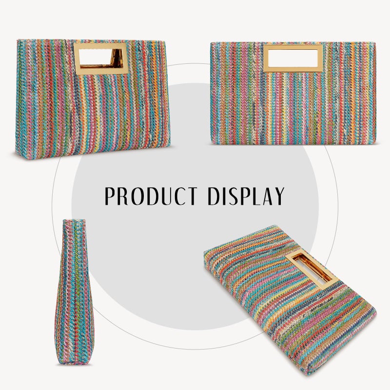 KKXIU Straw Clutch Purse for Women Summer Evening Handbag Beach Shoulder Bag with Gold Chain (A-Colorful) - Image 4