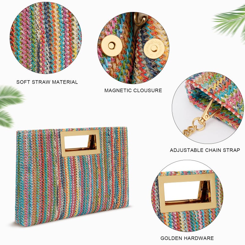 KKXIU Straw Clutch Purse for Women Summer Evening Handbag Beach Shoulder Bag with Gold Chain (A-Colorful) - Image 5