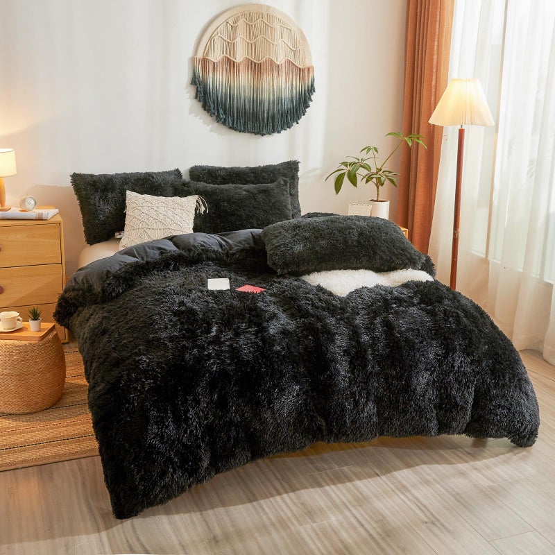 Besfunny Fluffy Faux Fur Black Comforter Cover Queen Set â€“ Plush Fluffy Black Bedding 3-Piece Set (1 Duvet Cover + 2 Furry Pillow Shams) Cozy Bed Set - Image 2