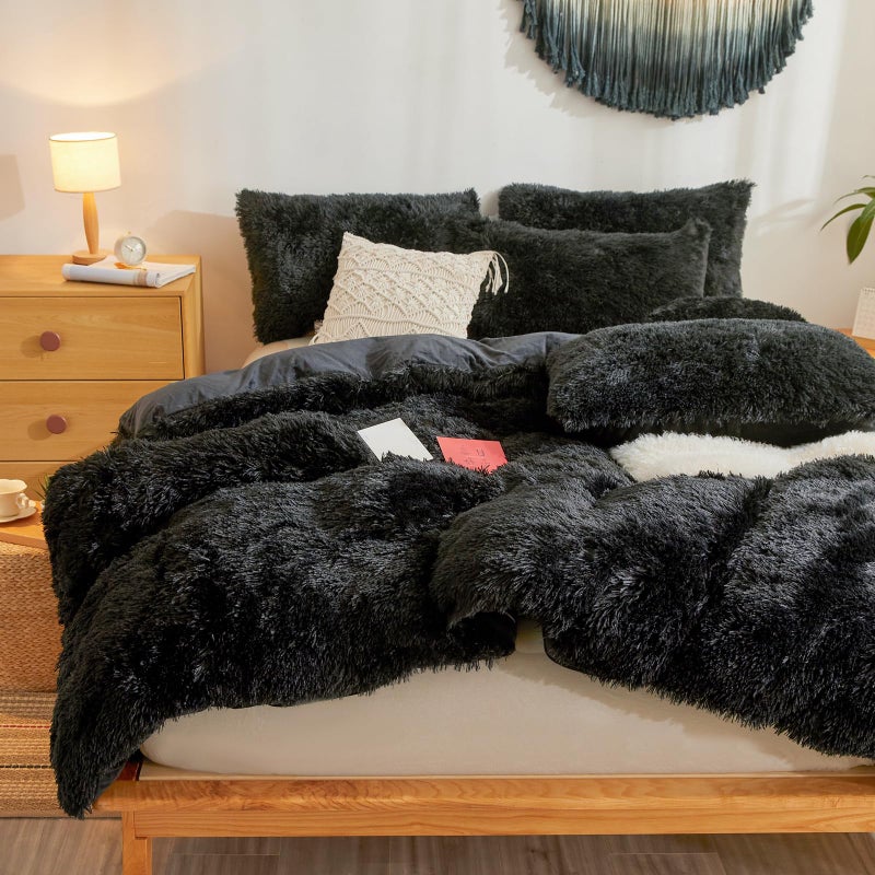 Besfunny Fluffy Faux Fur Black Comforter Cover Queen Set â€“ Plush Fluffy Black Bedding 3-Piece Set (1 Duvet Cover + 2 Furry Pillow Shams) Cozy Bed Set - Image 5