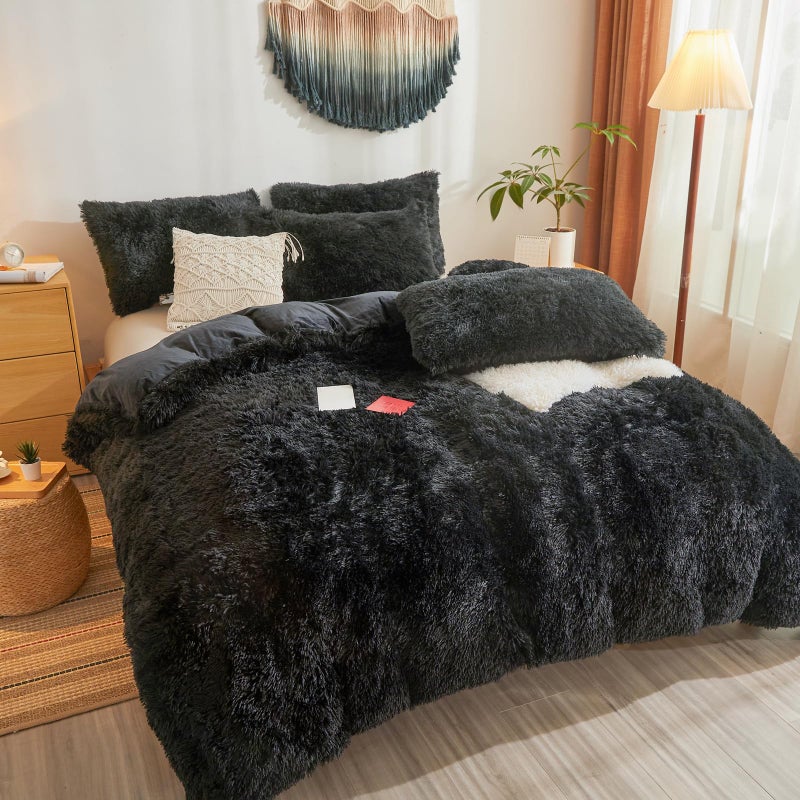 Besfunny Fluffy Faux Fur Black Comforter Cover Queen Set â€“ Plush Fluffy Black Bedding 3-Piece Set (1 Duvet Cover + 2 Furry Pillow Shams) Cozy Bed Set - Image 3