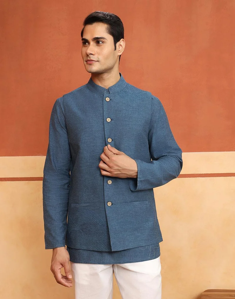 فاب انديا Blue Cotton Embroidered Nehru Jacket