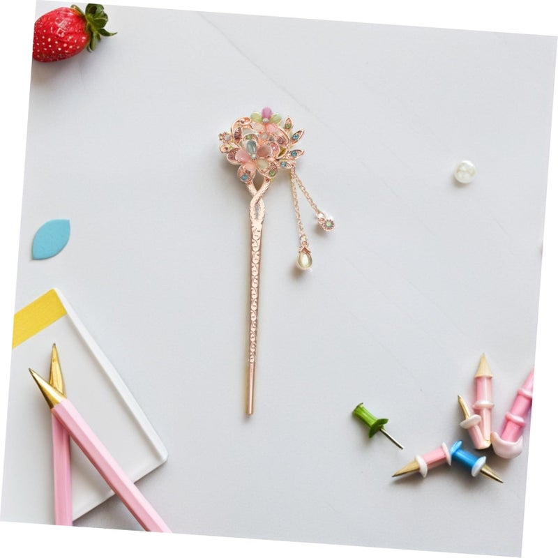 Vintage Opal Flower Hair Stick Double Flower Design Chinese Hair Chopsticks - Image 3