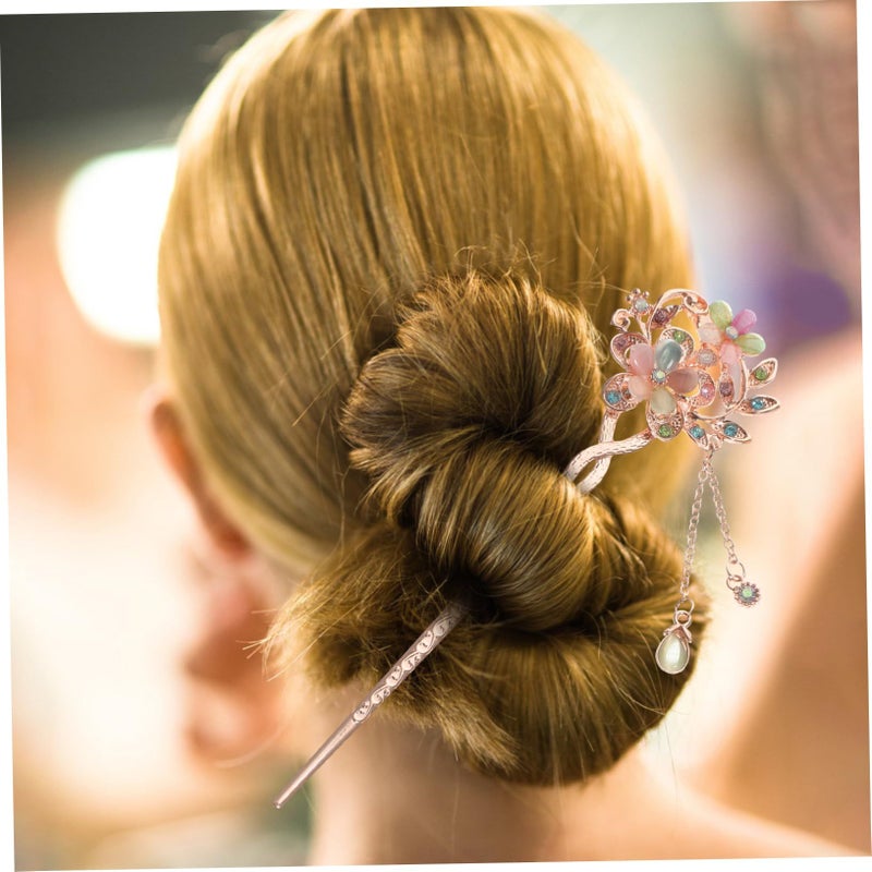 Vintage Opal Flower Hair Stick Double Flower Design Chinese Hair Chopsticks - Image 5