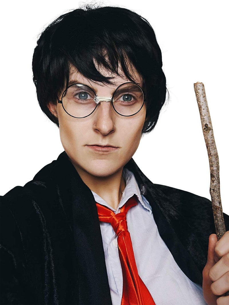 ALLAURA Compatible with Harry Potter Wig Short Black Boy Wizard Wig Glasses Set for Kids Adults Magical School Costume Accessory for Halloween Cosplay Book Week Fantasy Party Outfits