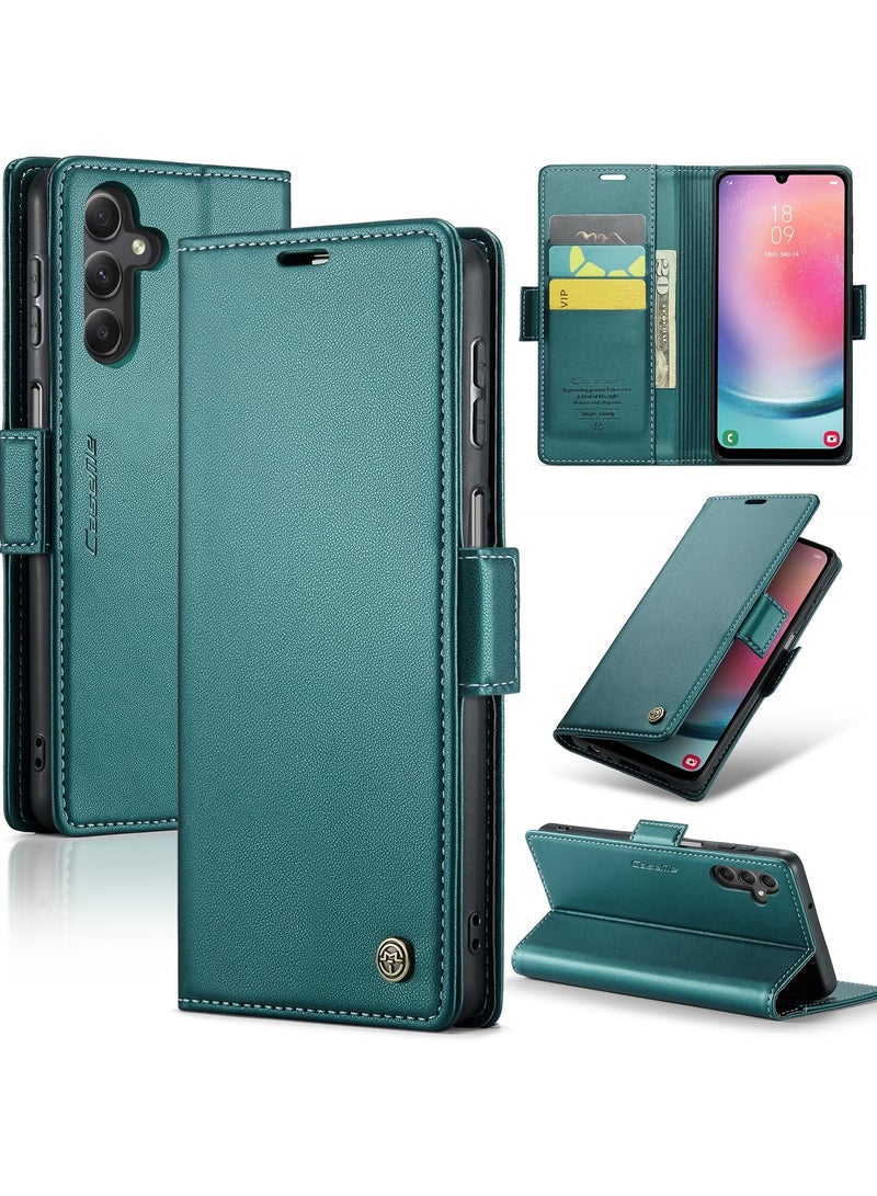 CaseMe Phone Case Luxury PU Leather Design Anti Fingerprint 023 Flip Cover Card Slot Holder Cover For Samsung Galaxy A24 (Green) - Image 1