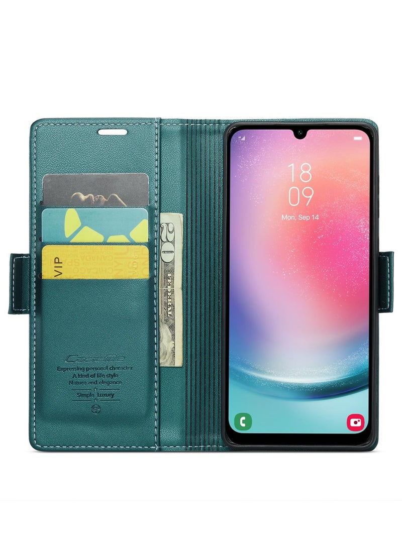 CaseMe Phone Case Luxury PU Leather Design Anti Fingerprint 023 Flip Cover Card Slot Holder Cover For Samsung Galaxy A24 (Green) - Image 4