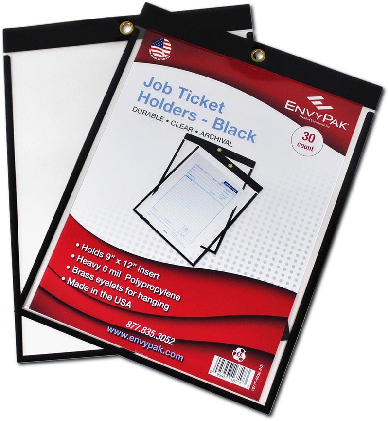 EnvyPak Job Ticket Holders - 9"x12" - Pack of 30 (Black) Top-Loading with Eyelet for Hanging - Image 1
