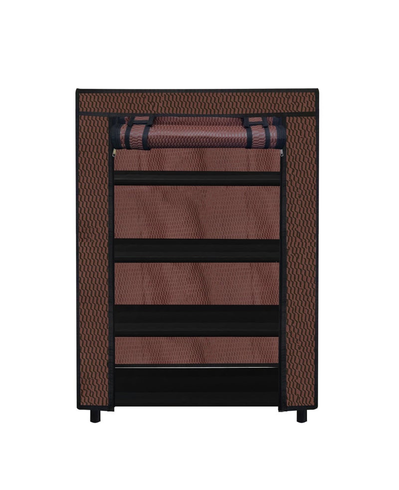 ROBMOB® 4 Tier Metal Shoe Rack with Embossed Fabric Cover & Roll-Up Door | Space Saving Collapsible Shoe Organizer Cabinet for Home, Office, PG & Outdoor Use | Dustproof Storage Stand (Brown) - Image 3