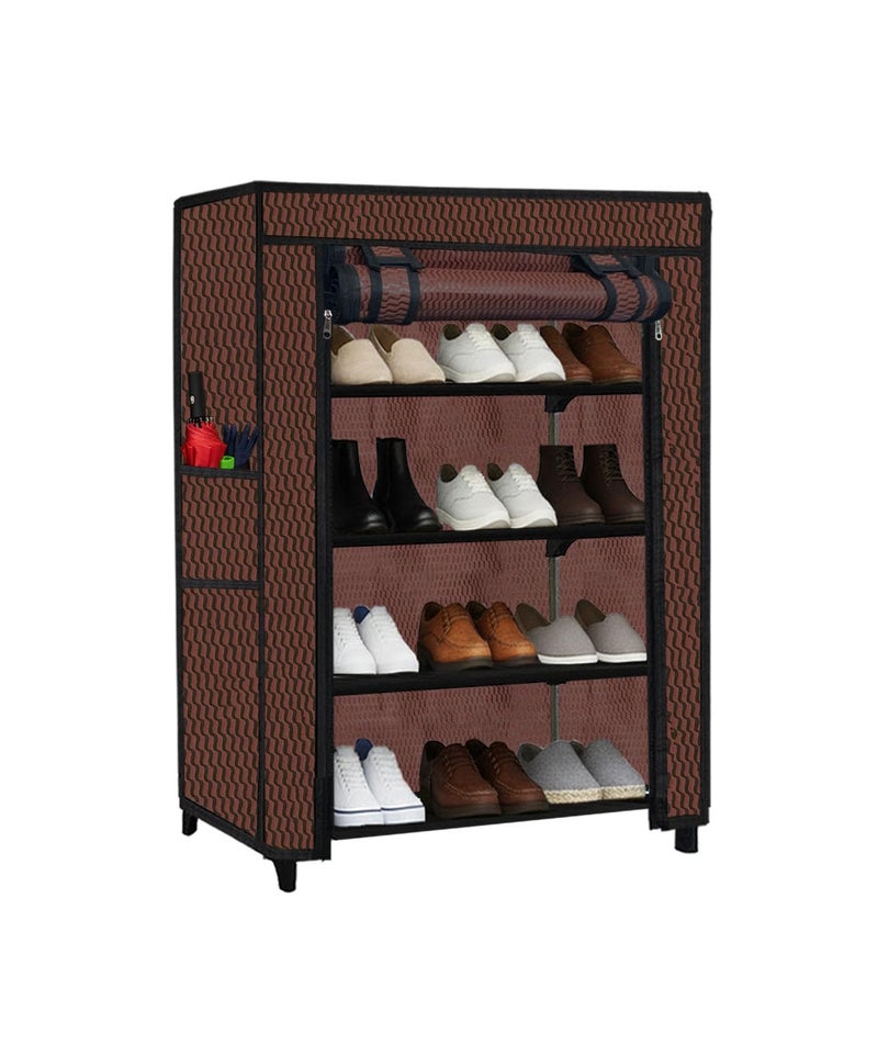 ROBMOB® 4 Tier Metal Shoe Rack with Embossed Fabric Cover & Roll-Up Door | Space Saving Collapsible Shoe Organizer Cabinet for Home, Office, PG & Outdoor Use | Dustproof Storage Stand (Brown) - Image 2