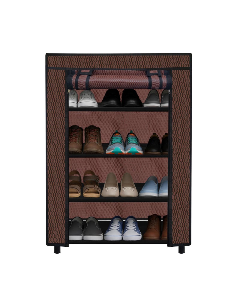 ROBMOB® 4 Tier Metal Shoe Rack with Embossed Fabric Cover & Roll-Up Door | Space Saving Collapsible Shoe Organizer Cabinet for Home, Office, PG & Outdoor Use | Dustproof Storage Stand (Brown) - Image 1
