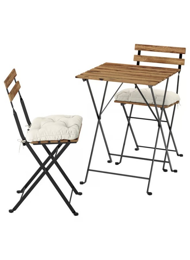 Table and 2 chairs, outdoor, black/light brown, foldable, Kodarna beige-light grey, 55x54 cm - Image 1