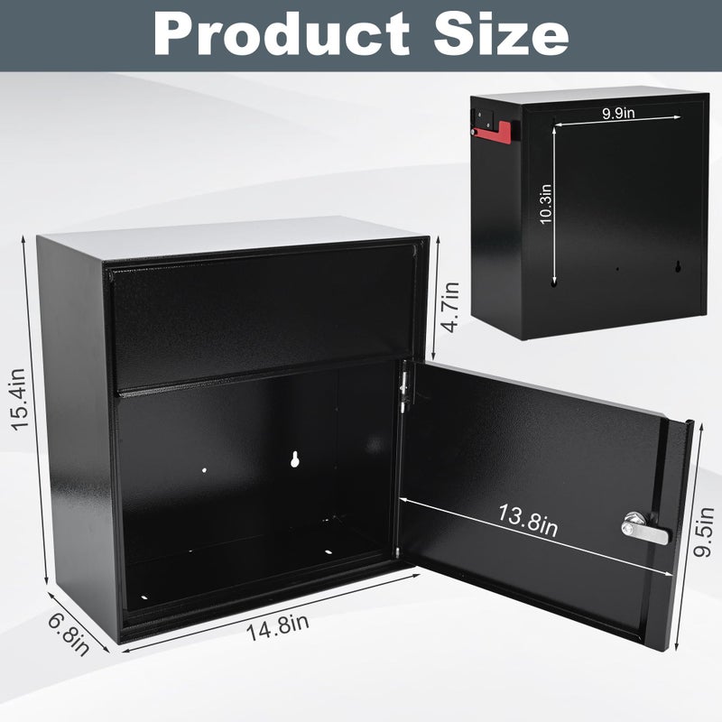 yeshine Large Wall Mount Mailbox with Lock and Outgoing Mail Flag for Outside, Steel Locking Security Mail Box with Number Stickers for House Outside, 14.8" x 6.9" x 15.4", Rainproof, Black - Image 3