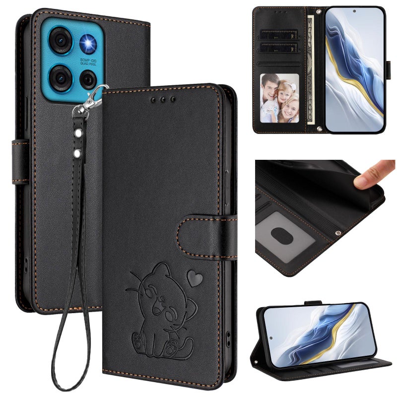 erorex For Motorola Moto G75 5G Embossed  Cat Leather Phone Case with Hand Strap(Black) - Image 1