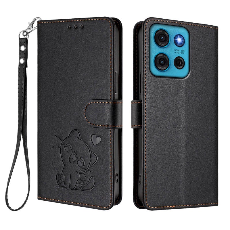 erorex For Motorola Moto G75 5G Embossed  Cat Leather Phone Case with Hand Strap(Black) - Image 2