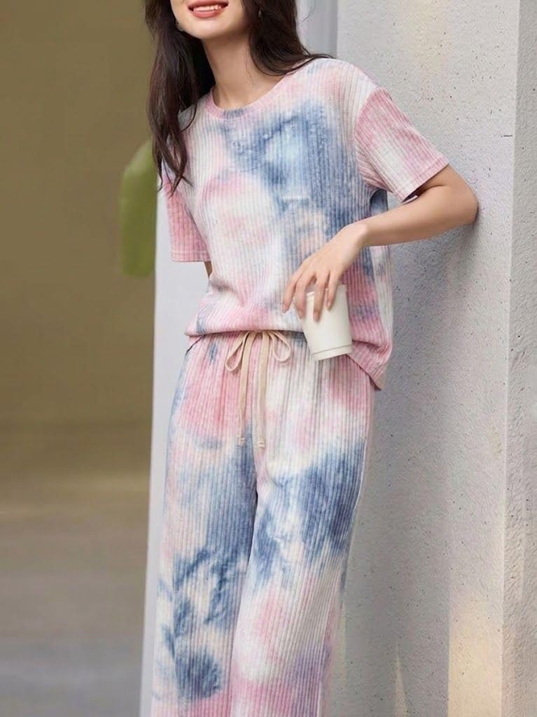 SMOWKLY Women’s Tie-Dye Pajama Set | Relaxed Fit Short Sleeve Top & Long Pants Sleepwear | Soft & Comfy Lounge Wear Set with Pockets winter wear for women | Trendy Korean Co-ord Set (1682_MLT_M) - Image 2
