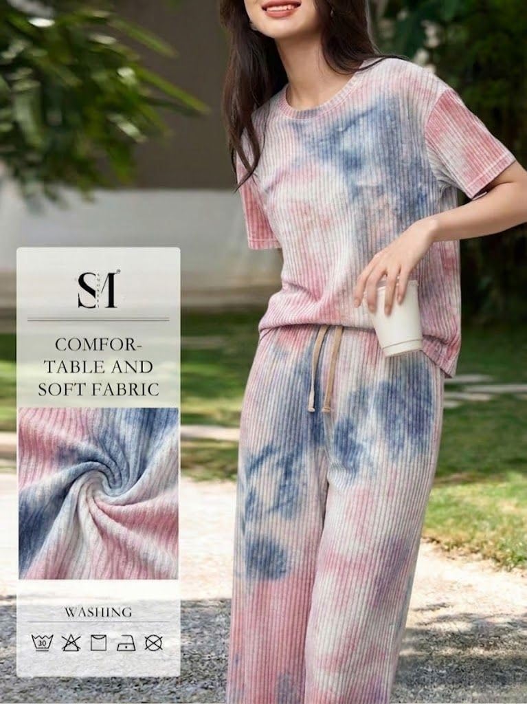 SMOWKLY Women’s Tie-Dye Pajama Set | Relaxed Fit Short Sleeve Top & Long Pants Sleepwear | Soft & Comfy Lounge Wear Set with Pockets winter wear for women | Trendy Korean Co-ord Set (1682_MLT_M) - Image 4
