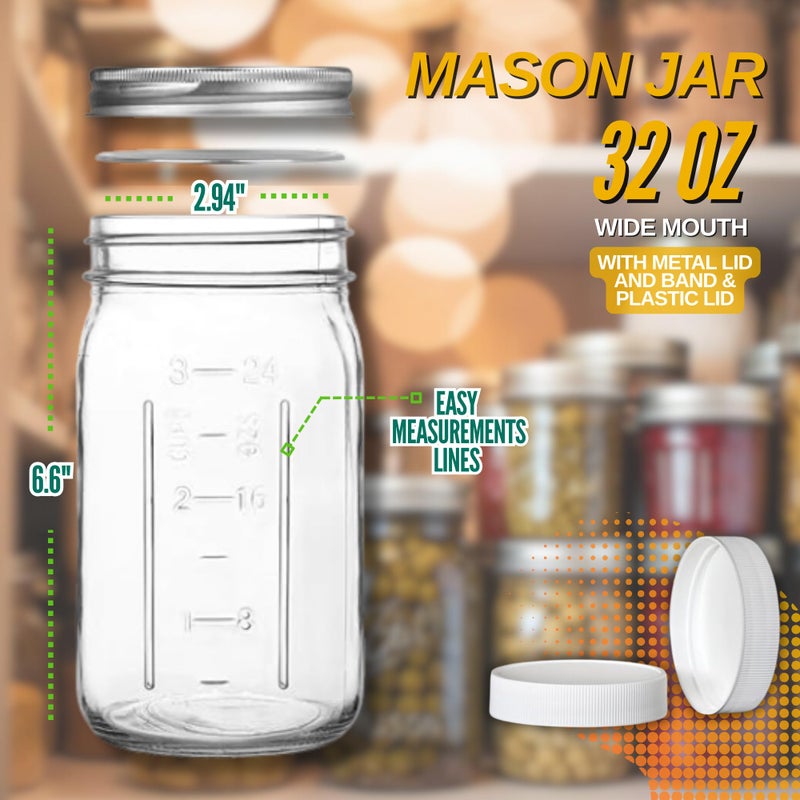 PR1M3 Wide Mouth Mason Jars 32 oz â€“ 2 Pack Quart Size Jars with Airtight Lids and Bands & White Plastic Lid, Ideal for Meal Prep, Canning, Fermenting and DIY Projects, Microwave & Dishwasher Safe. - Image 5