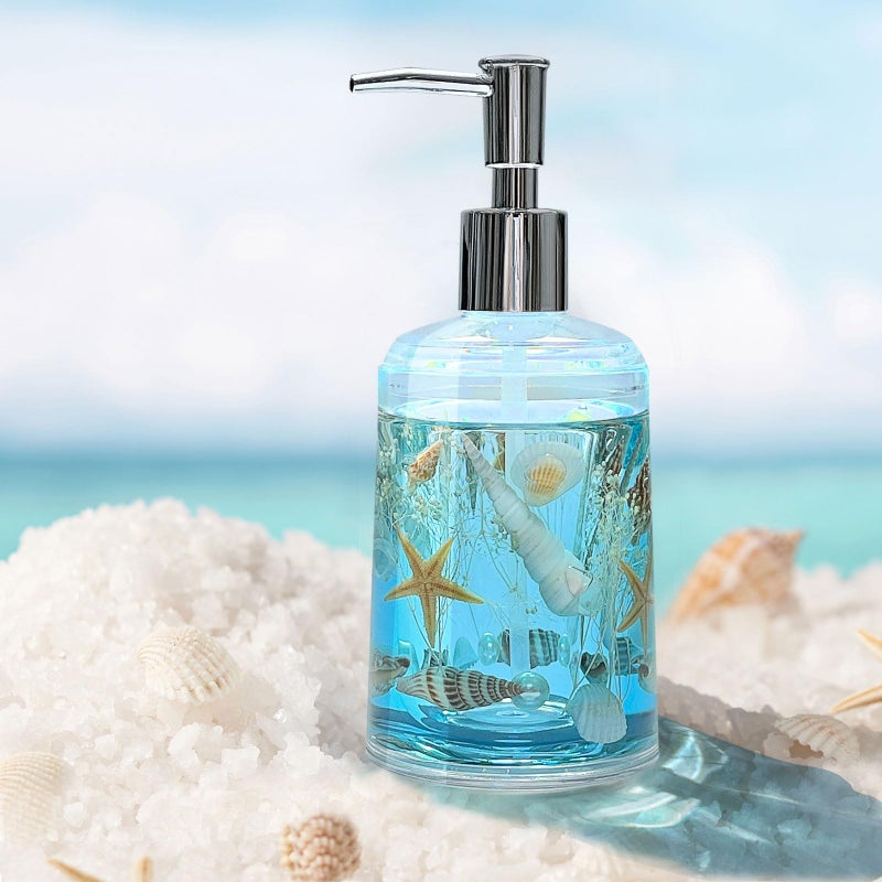 FONMY Soap Dispenser with Pump Acrylic wNature Seashell Handmade Bathroom Hand Soap Dispenser Kitchen Refillable Liquid Dispenser for SoapDish Soap Lotion Blue