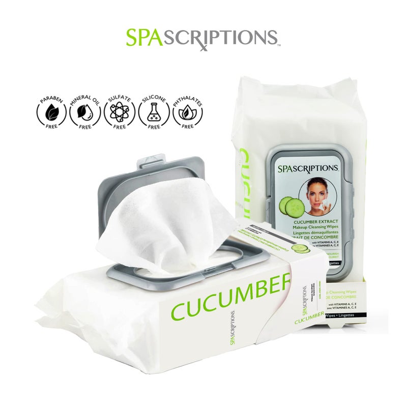 SPASCRIPTIONS Cucumber Makeup Cleansing Towelettes, 60 Ct. Hydrating & Soothing with Natural Cucumber, Reset Skin Health, Moisturize & Recharge for a Youthful Glow (1 Pack) - Image 3