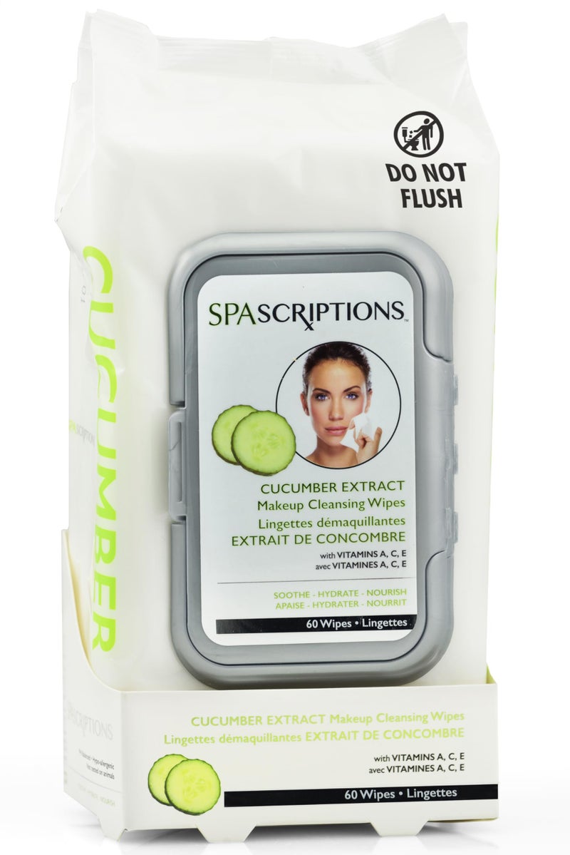 SPASCRIPTIONS Cucumber Makeup Cleansing Towelettes, 60 Ct. Hydrating & Soothing with Natural Cucumber, Reset Skin Health, Moisturize & Recharge for a Youthful Glow (1 Pack) - Image 1