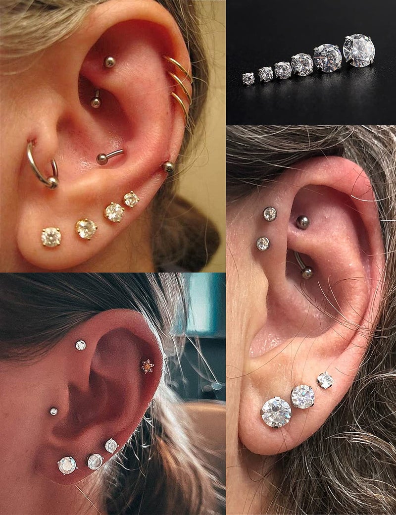 Cisyozi 18G Flat Back Earrings Stud for Women Men 316L Silver Stainless Surgical Steel Diamond Screw Back On Hypoallergenic Cartilage Helix Tragus Ear Lobe Stud Earring Set Pack Piercing Jewelry 6mm - Image 4
