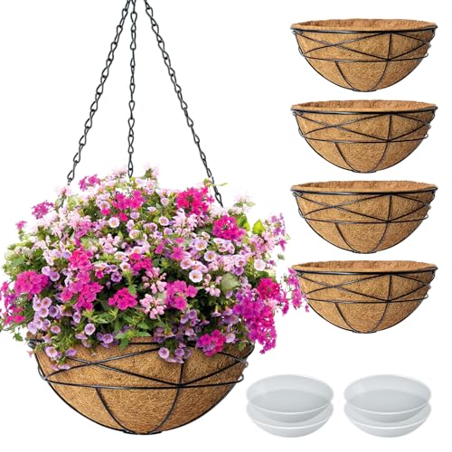 Karlliu 4 Pack 12 Inch Hanging Planters for Outdoor Plants Metal Watering Flower Baskets with Coco Liner for Hanging Pot Round Plant Holders Planter for Outside Garden Decoration - Image 1
