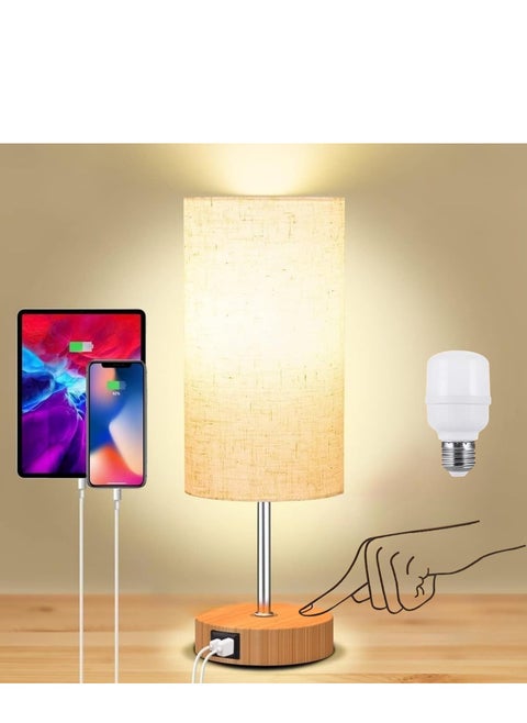 Bedroom Table Lamp with Fabric Shade, Bedside Lamp with USB A+C Ports &AC Outlets, 3 Way Dimmable Touch Lamp, LED Bulb Included
