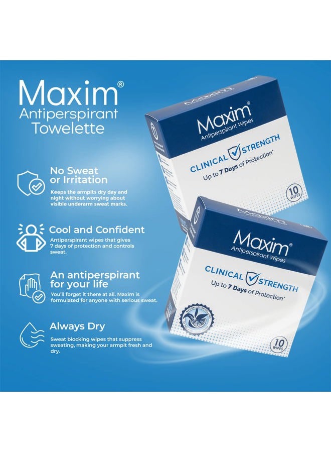 Maxim مناديل مضادة للتعرق Maxim® Clinical Strength لعلاج التعرق المفرط - تقلل من التعرق لمدة تصل إلى 7 أيام لكل استخدام - مضادة للتعرق للرجال والنساء - تضمن لك الجفاف. 10 مناديل - Image 4
