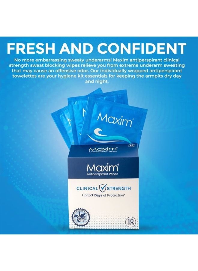 Maxim - Maxim® Clinical Strength Antiperspirant Wipes for hyperhidrosis Excessive Sweating – Reduces Sweat Up to 7-days Per Use – Antiperspirant for Men and Women Certain to Keep you Dri. 10 wipes - Image 1